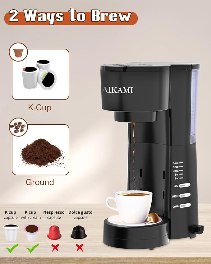 4 IN 1 Single Serve Coffee Maker with Milk Frother and Coffee Grinder Coffee Maker for K Cup and Ground Coffee with 30 oz Removable Water Reservoir 6 to 14 oz. Brew Sizes Coffee Machine for Home