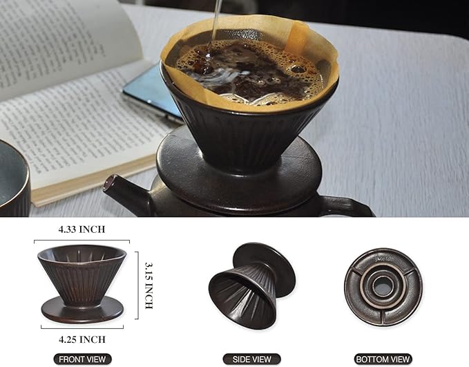 Pottery Pour Over Coffee Maker Ceramic Cone Filter Hand Drip Coffee Dripper Reusable Stoneware Pourover Coffee Brewer Size 02 (Rustic Chocolate Brown)