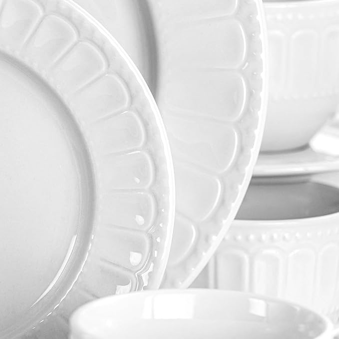 20 Piece White Porcelain Dinnerware Set with Mugs and Saucers – Embossed Arched Design Service for 4 Microwave &amp Dishwasher Safe