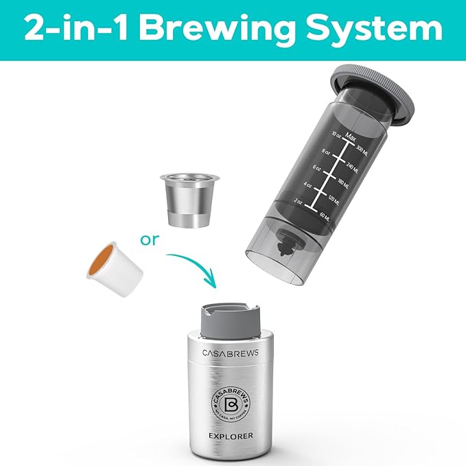 CASABREWS KP3000 Portable Coffee Maker 2 in 1 Small Travel Coffee Machine for K Cup Pod or Ground Coffee Quick Coffee Press Kit with Stainless Steel Cup Cup Lid Straw and Storage Bag