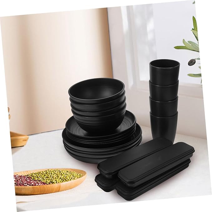 20pcs Black Dinnerware Set for 4 People with Cutlery Bowls Plates and Cups – Reusable Portable Utensils for Picnic and Camping Lunch Boxes