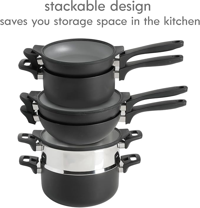 9 Piece Stackable Nonstick Aluminum Cookware Set with Lids Space Saving Pots and Pans for Kitchen Cooking