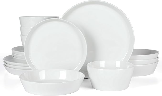 Martha Stewart Selma Chip &amp Scratch Resistant Dinnerware Set Service for 4 (16pcs) – White Plates and Bowls Durable Dishwasher and Microwave Safe Dishes Set for Everyday Use