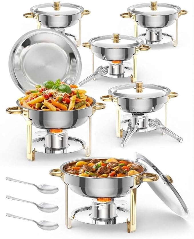 Commercial 5QT Round Chafing Dish Buffet Set – 6-Pack Stainless Steel Food Warmers with Glass Lid Lid Holder Spoon &amp Tweezer – Gold Finish NSF Certified – 6-piece Set