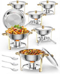 Commercial 5QT Round Chafing Dish Buffet Set – 6-Pack Stainless Steel Food Warmers with Glass Lid Lid Holder Spoon &amp Tweezer – Gold Finish NSF Certified – 6-piece Set