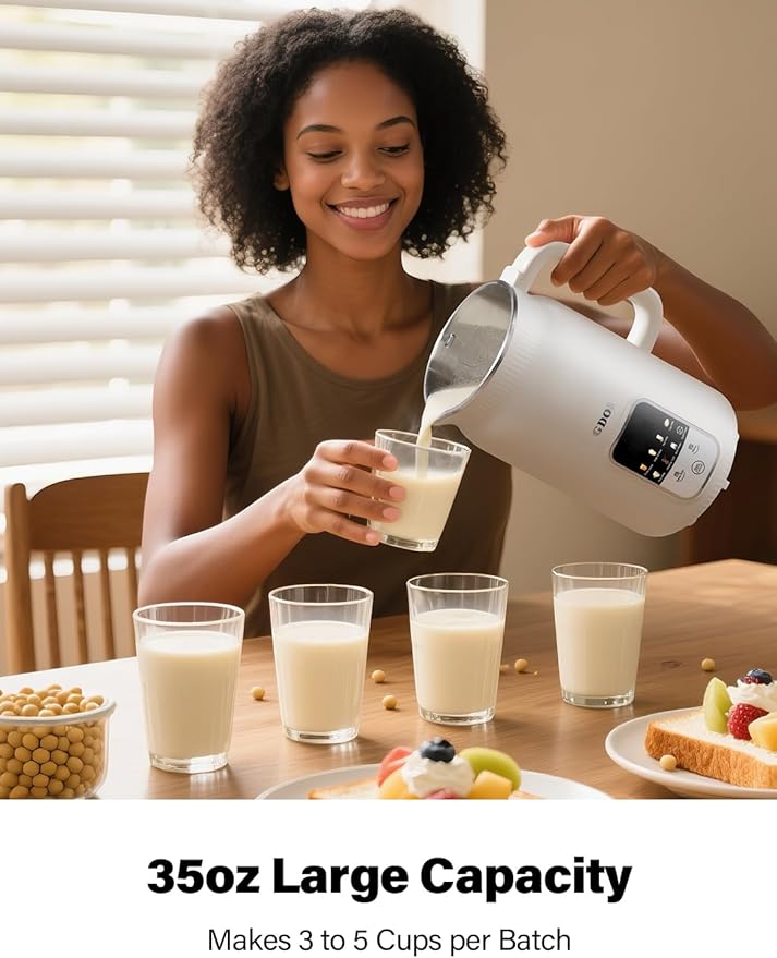GDOR 35oz Nut Milk Maker 9-in-1 Plant Milk Machine for Homemade Almond/Oat/Soy Juice &amp Smoothie Blender with 12 Stainless Steel Blades Keep Warm 12H Delay Boil Water and Self-Cleaning
