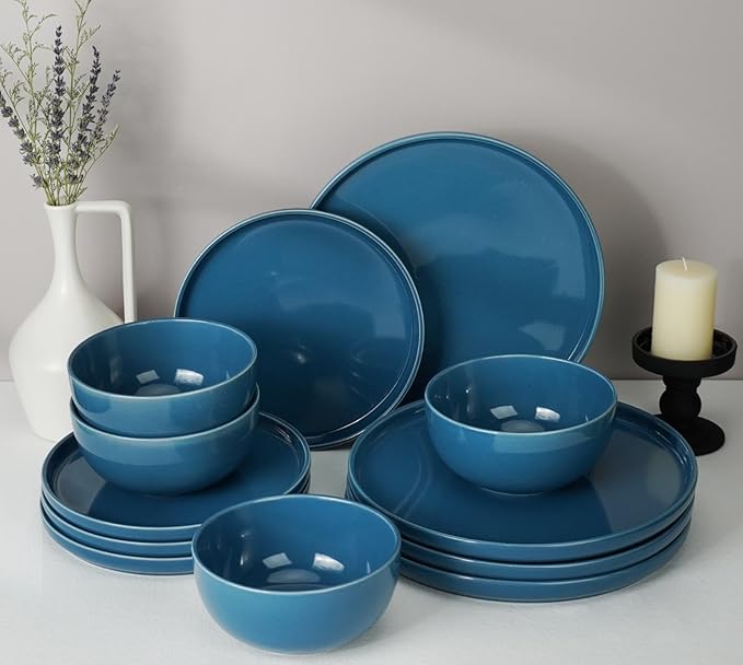 Kitchen Plates and Bowls Set Dinner Set for 4 Handpainted Dinner ware Sets Microwave Safe Plates and Bowls Sets Stone Plate Scratch Resistant (Ocean Abyss)
