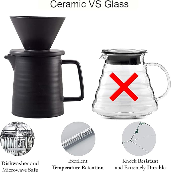 Ceramic Pour Over Coffee Maker SetPremium Black V60 Dripper and Hand Coffee Pot1-2 Cup Home Filter Coffee Maker-500ml
