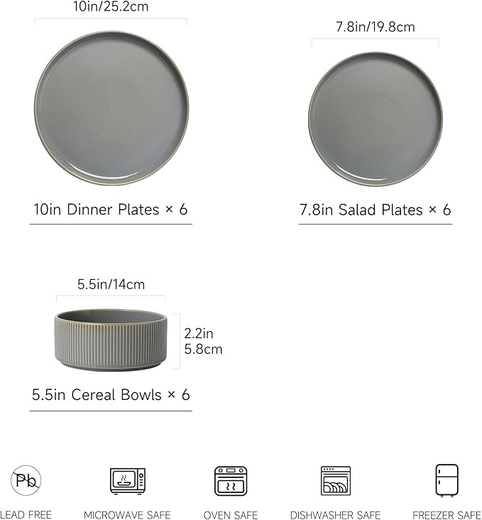 MONITO Ceramic Dinnerware Sets for 6 18PCS Stoneware Plates and Bowls Sets Reactive Glaze Dish Set Chip and Scratch Resistant Double Microwave and Dishwasher Safe Sage Mist