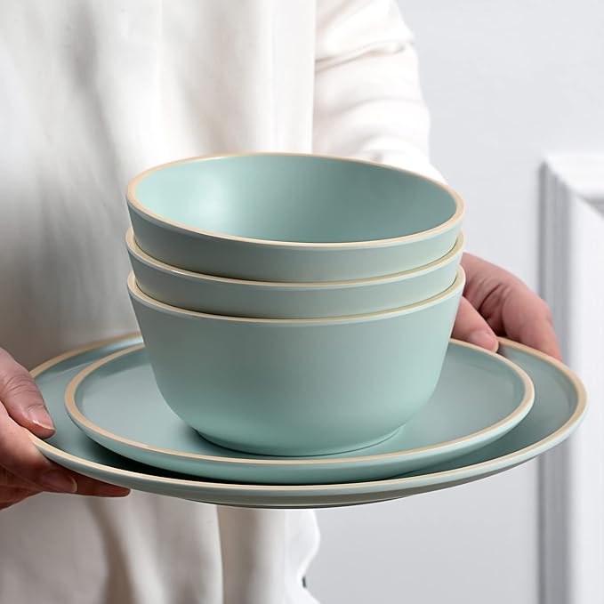Melamine Dinnerware Sets Plates and Bowls Sets 12 Pcs Melamine Plates Dish Set for 4 Unbreakable Dinnerware Set for Party BPA Free Suitable Indoors and Outdoors (Mint Green)