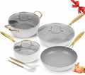AUDANNE Nonstick Pots and Pans Set 9 Pieces Non Stick Kitchen Cookware Cooking Skillets Include Frying Pan with Lid Saucepan Casserole Spoon Turner Spatula PFOA Free for Induction White &amp