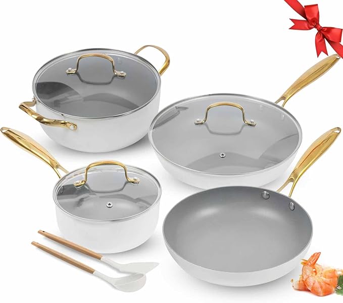 AUDANNE Nonstick Pots and Pans Set 9 Pieces Non Stick Kitchen Cookware Cooking Skillets Include Frying Pan with Lid Saucepan Casserole Spoon Turner Spatula PFOA Free for Induction White &amp