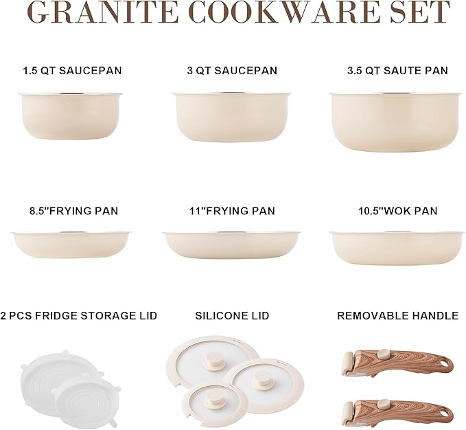 Nonstick Cookware Set - YIIFEEO Stackable Pots and Pans Set Detachable Handle Camping Cookware Granite Kitchen Cookware Sets Removable Handle Non Toxic Nonstick Frying Pans for Cooking Set Gift Beige