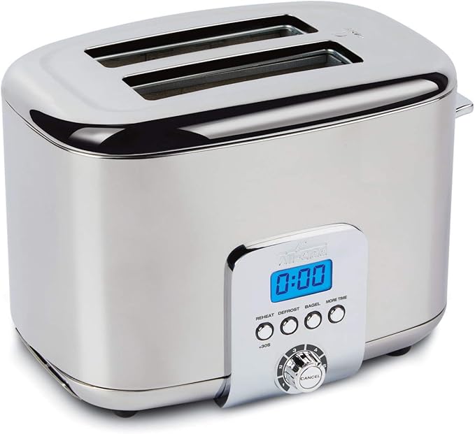 All-Clad Electrics Stainless Steel Toaster 2 -lice LED display Removable crumb try 6-Browing levels Wide and self-centering slots Waffles Bagels Bread 12.91D x 5.29W x 8.98H Silver