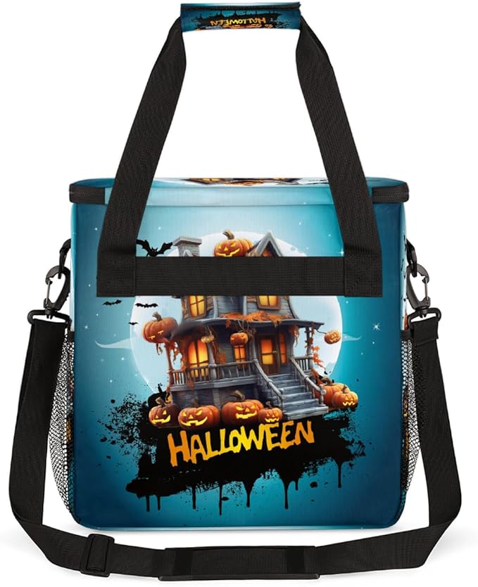 Halloween Moon Castle Pumpkin Bats Coffee Maker Carring Bag Travel Carrying Storage Tote Bag Compatible with Keurig K-Mini or K-Mini Plus Portable Single Serve Coffee Brewer Case with Pockets