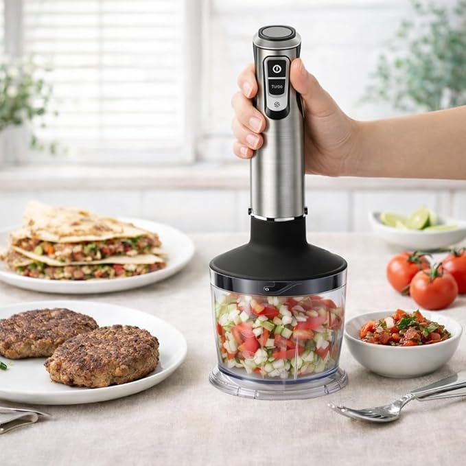 Megawise HB-2080 1000W 5-in-1 Immersion Hand Blender Powerful Stick Blender with Variable Speed &amp Turbo Stainless Steel Shaft &amp Blades Includes Whisk Frother Chopper Bowl &amp Beaker