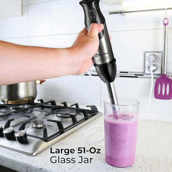Koblenz 2-in-1 Immersion Hand Blender with 800-Watt Motor Stainless Steel 2 Speeds with Variable Control Includes 20-oz Measuring Cup and Whisk Black BIKM-800 A