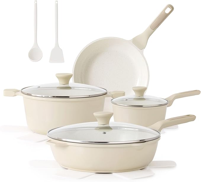 SENSARTE Nonstick Ceramic Cookware Set Large-Size 13-Piece Healthy Pots and Pans Set Non-toxic Kitchen Cooking Set with Stay-Cool Handles PFAS and PFOA Free Cream White
