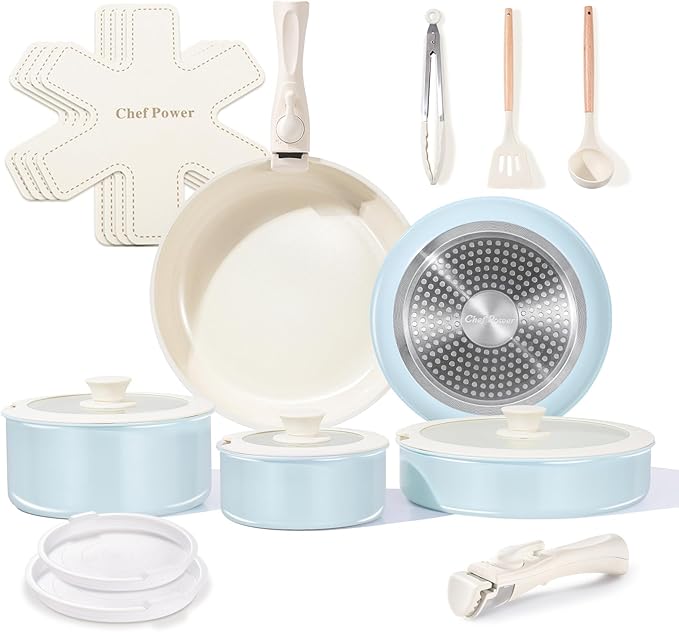 Chef Power Ceramic Nonstick Pots and Pans Set 19 Piece with Detachable Handle Induction Dishwasher Oven Safe Cookware Set RV Kitchen Set Removable Handle (Light Blue)