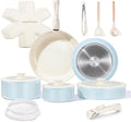 Chef Power Ceramic Nonstick Pots and Pans Set 19 Piece with Detachable Handle Induction Dishwasher Oven Safe Cookware Set RV Kitchen Set Removable Handle (Light Blue)