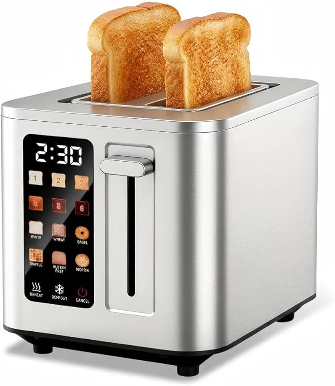 Touch Screen Toaster 2 Slice Digital Stainless Steel Bread Toaster with Timer 1.5'' Wide Slot 6 Shade Settings &amp 6 Bread Types Bagel Defrost Reheat Cancel Functions