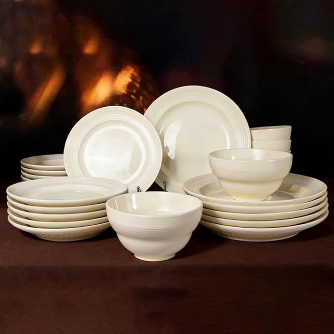 Dinnerware Set for 6 Modern Stoneware Dish Set 24-Piece Porcelain Plates and Bowls Set Ceramic Kitchen Dinner Set Service for 6 Microwave and Dishwasher Safe Lvory (24pcs lines)