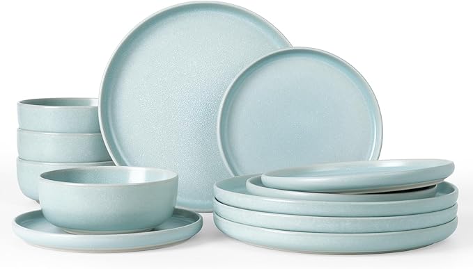 Famiware Milkyway Plates and Bowls Sets 12 Pieces Dinnerware Sets Reactive Glaze Dish Set Stoneware Dishes Set for 4 Light Blue