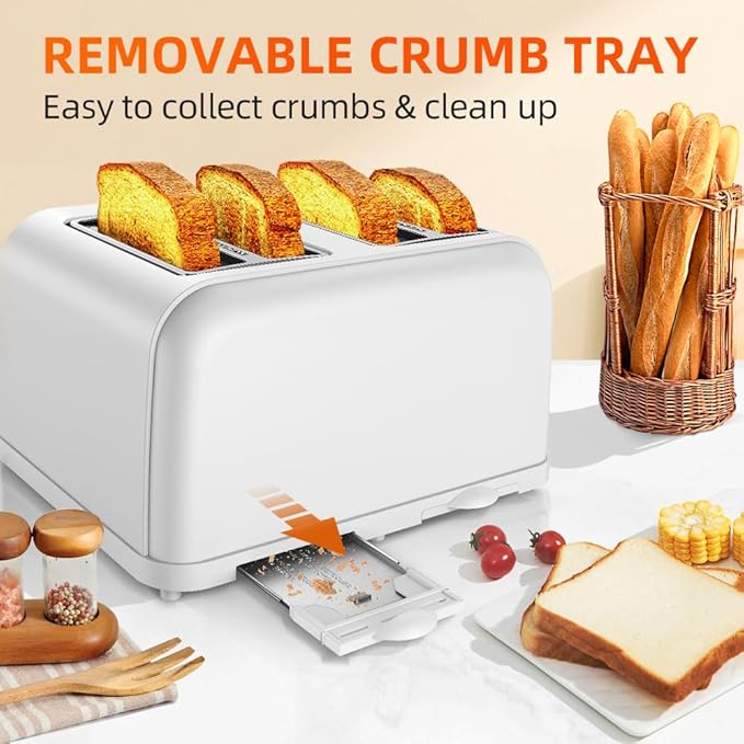 White Toaster 4 Slice Dual Independent Controls Extra Wide Slot Toasters for Bagel Bread Waffles 7 Shade Settings 4 Main Functions Removable Crumb Tray 1500 Watts White Stainless Steel