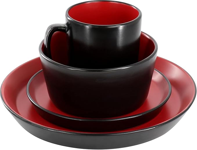 16 Piece Stoneware Dinnerware Set – Two-Tone Plates Bowls &amp Mugs for 4 Modern Matte Finish Microwave &amp Dishwasher Safe (Red)