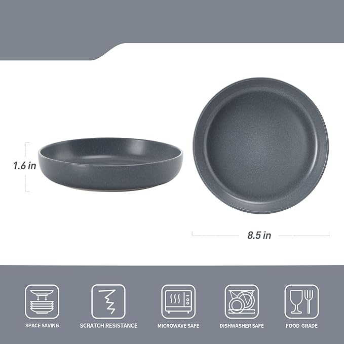 Famiware Milkyway Plates and Bowls Set 12 Pieces Dinnerware Sets and 4 Pieces Pasta Bowls Double Reactive Glaze Sturdy &amp Stackable Stoneware Dishes Set for 4 Matte Dark Charcoal