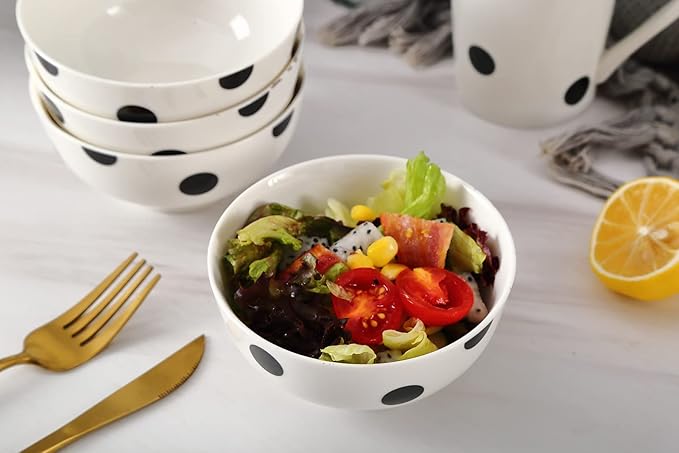 Modern Porcelain 16-Piece Dinnerware Set Plates and Bowls Set for 4 Black Polka Dot DinnerwareDishwasher &amp Microwave Safe Ceramic Dish Set for Home Dining Gifts