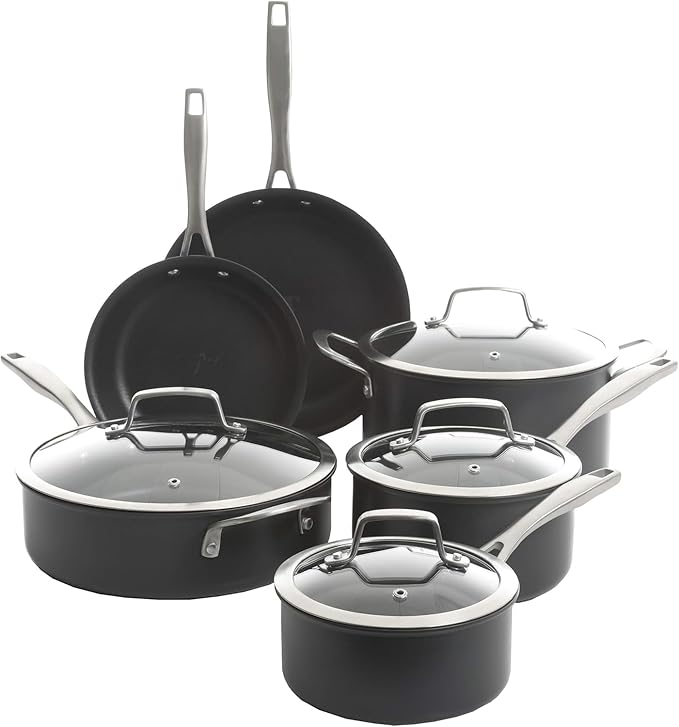 10-Piece Nonstick Aluminum Cookware Set – Heavy-Gauge Pots and Pans with Teflon Interior Cool-Touch Silicone Handles Scratch-Resistant Glacier Blue Finish (Black)