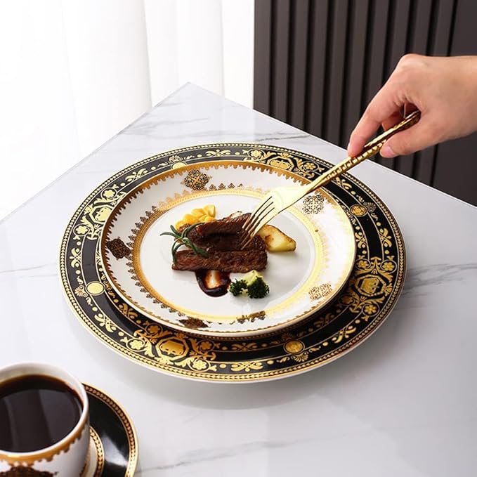8 Piece Dinnerware Sets Bone China Dinner Plate Scratch Resistant Microwave Oven Dishwasher Safegold