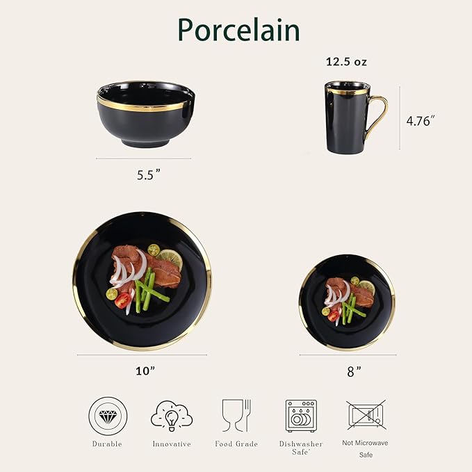 16-Piece Black and Gold Dinnerware Set for 4 Elegant Porcelain Plates and Bowls Set with Golden Rim Modern Luxury Tableware Service Complete Dish Set for Home Dining and Gifts