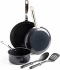 5-Piece Ceramic Nonstick Cookware Set with Frypans Saucepan Nylon Turner and Spoon Hard Anodized Oven Safe to 600°F Dishwasher Safe
