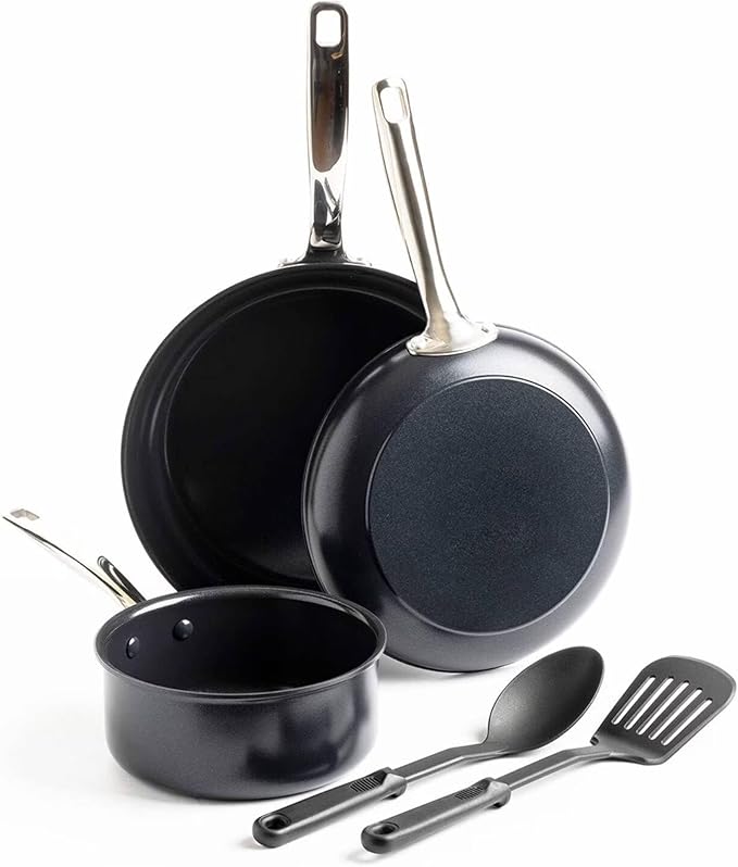 5-Piece Ceramic Nonstick Cookware Set with Frypans Saucepan Nylon Turner and Spoon Hard Anodized Oven Safe to 600°F Dishwasher Safe