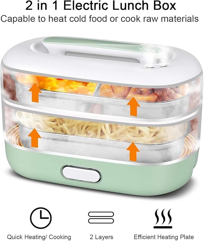 Automatic Cooking Electric Lunch BoxPortable Cooking Steam Lunch Box 1.2L Food Grade Mini Rice Cooker with 2 Stainless Steel Containers Suitable for Office and School 110V 350WPink (Green)