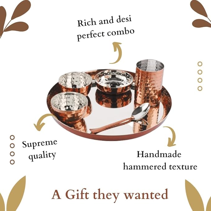 Hammered Copper Plated Stainless Steel Dinner Set 6 Piece Thali Set with Bowls and Glass Silver Interior