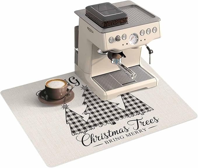 Coffee Mat for Counter Buffalo Check Plaid Christmas Tree Absorbent Hide Stain Coffee Bar Mat Non-slip Coffee Bar Accessories Kitchen Drying Mat Fit Under Coffee Maker Espresso Machine