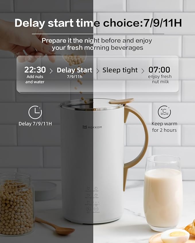 OK MOKKOM Automatic Nut Milk Maker 20 oz Soy Milk Maker Homemade Almond Oat Coconut Soy Plant-Based Milk Dairy Free Beverages Almond Milk Maker with Delay Start/Boild Water/Self Clean - White