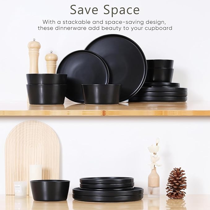 18‑Piece Stoneware Dinnerware Set in Matte White Modern Plates and Bowls for Everyday Meals and Special Occasions Dishwasher &amp Microwave Safe (Black)