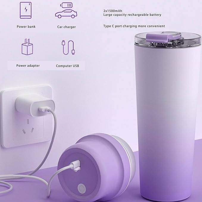 Stainless Steel Blender CupPortable USB Rechargeable Electric Juicer Blender 650ml Purple
