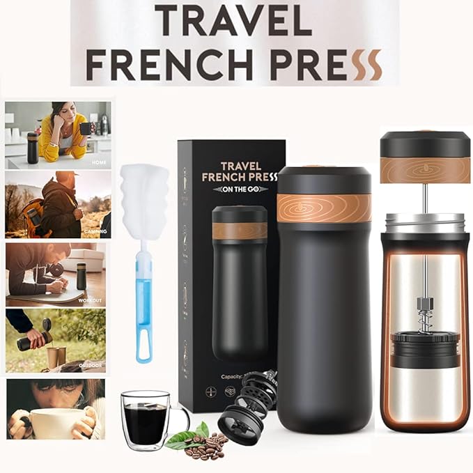 Sesama Classic Portable French Press Coffee Mug 12 oz with Carry Loop Stainless Steel French Press Coffee Maker BPA Free Great for Camping and Travel