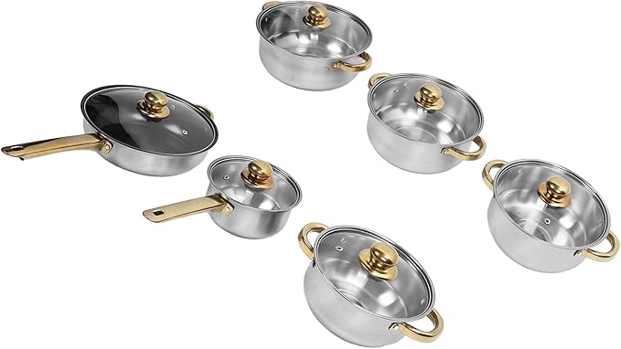 Stainless Steel Cookware Set Premium sturdy Pan Pot Kitchen Restaurant (Gold Handle)