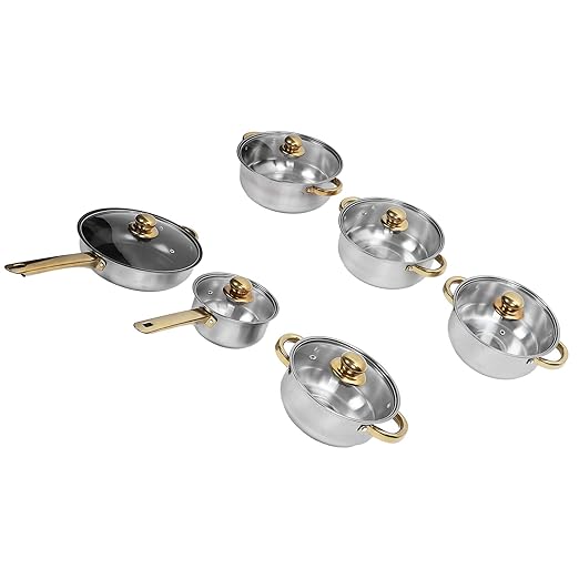 Pots and Pans SetPremium Stainless Steel Cookware Set - Proof and Stick Proof Pan and Pot Set with Gold Handles and Kettle - Ideal for Home Kitchens and Restaurants (Gold Handle)