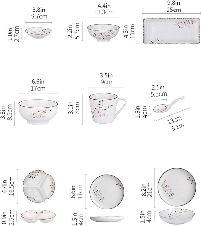 Dishes Dessert Plates Ceramic Dinner Plate Sets 13-Piece Kitchen Dinnerware Set Service for 2 Hand-Painted Cherry Blossom Premium Quality Porcelain Plates Set