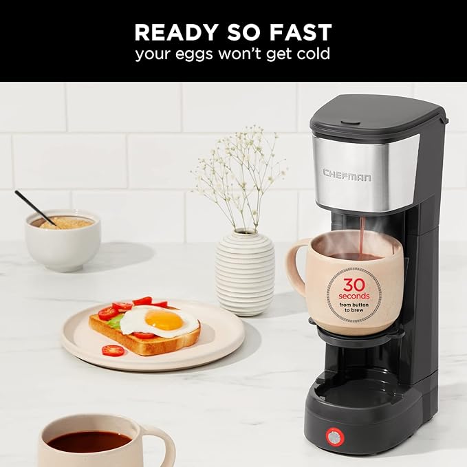 Chefman InstaCoffee Max The Easiest Way to Brew the Boldest Single-Serve Coffee Use Fresh And Flavorful Grounds or K-Cups With A Convenient Built-In Lift Black/Stainless Steel