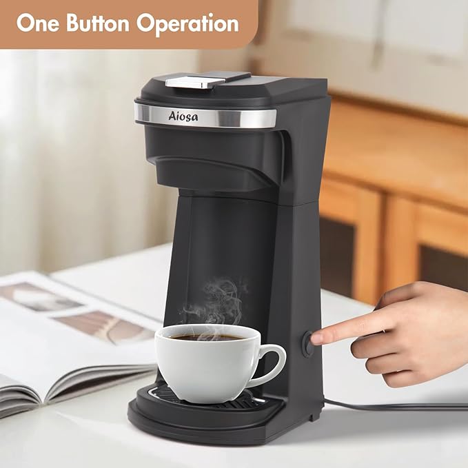 2 in 1 Single Serve Kcup Coffee Maker (6-14Oz) 800W Fast Brew Compact Design with Reusable Filter One-Button Auto Shut-Off Travel Mug Fit Compatible with K-Cup/Ground Coffee/Tea Black