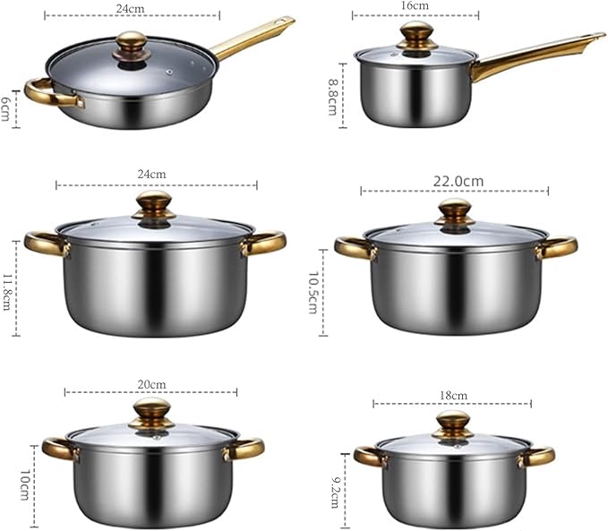 Pots and Pans Set 6 Pieces Stainless Steel Cooking Set Portable with Glass Lid Cookware Pots and Pans Set for Home Kitchen Cooking Set(B)