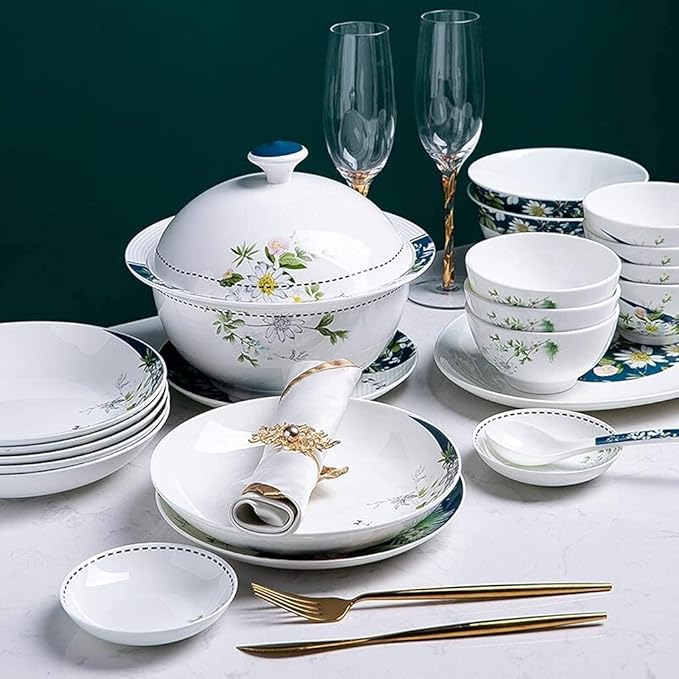 Ceramics Dinner Sets 46 Pieces Ceramics Dinner SetsBowl/Dish/Soup Pot/Spoon|Dinnerware Set Simple l Pattern Combination Tableware Set-Compatible with Gift Giving Banquet